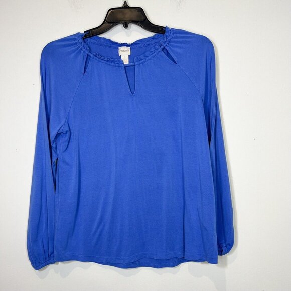 CHICO'S Top Size 1 Medium Periwinkle Cutout Ruffle Neck Womens Shirt Size‎ M - Picture 7 of 10